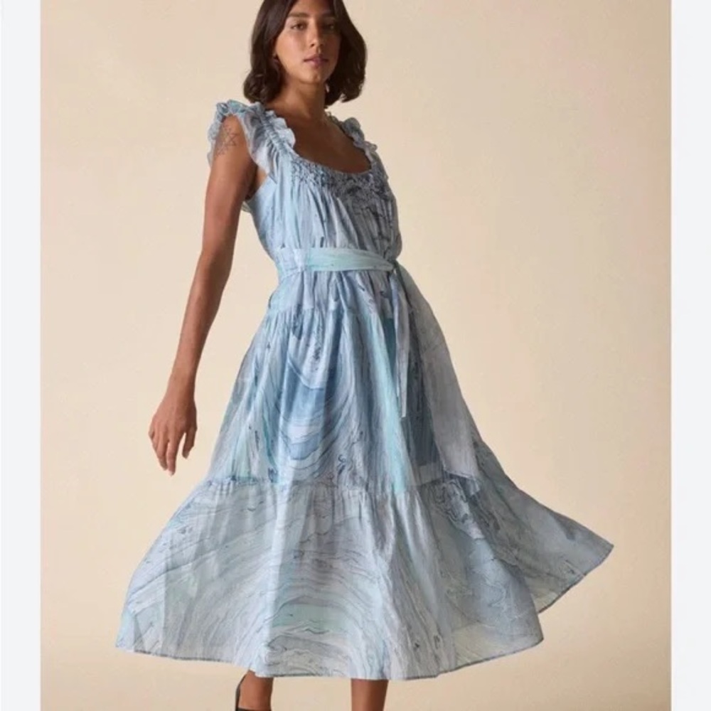 St. Roche NWT Rowena Dress Women’s 6 in Blue Organic Cotton Midi Ruched‎